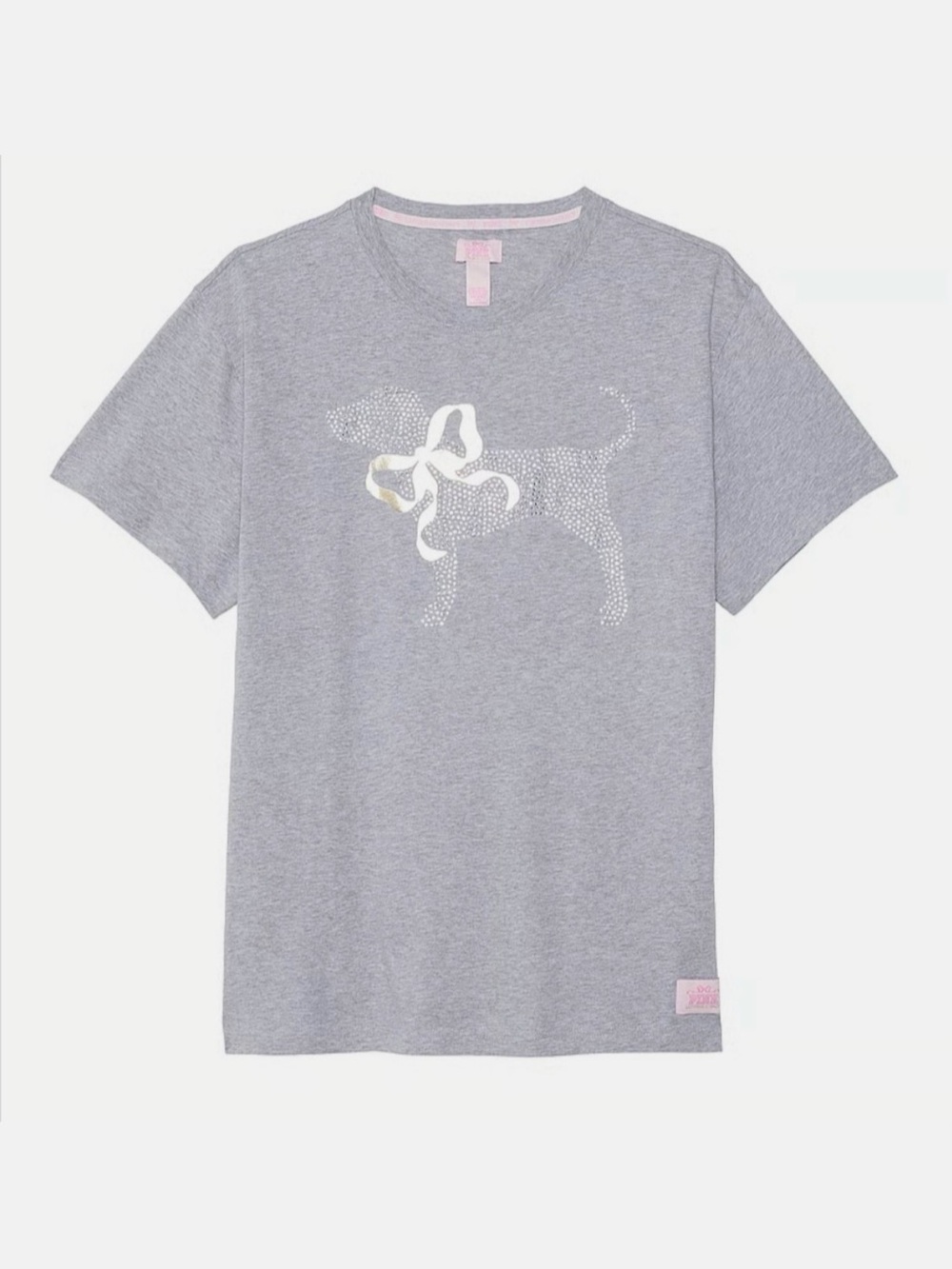 Pink x LoveShackFancy Campus Cotton Tee Heather Gray Rhinestone Dog Bow XS